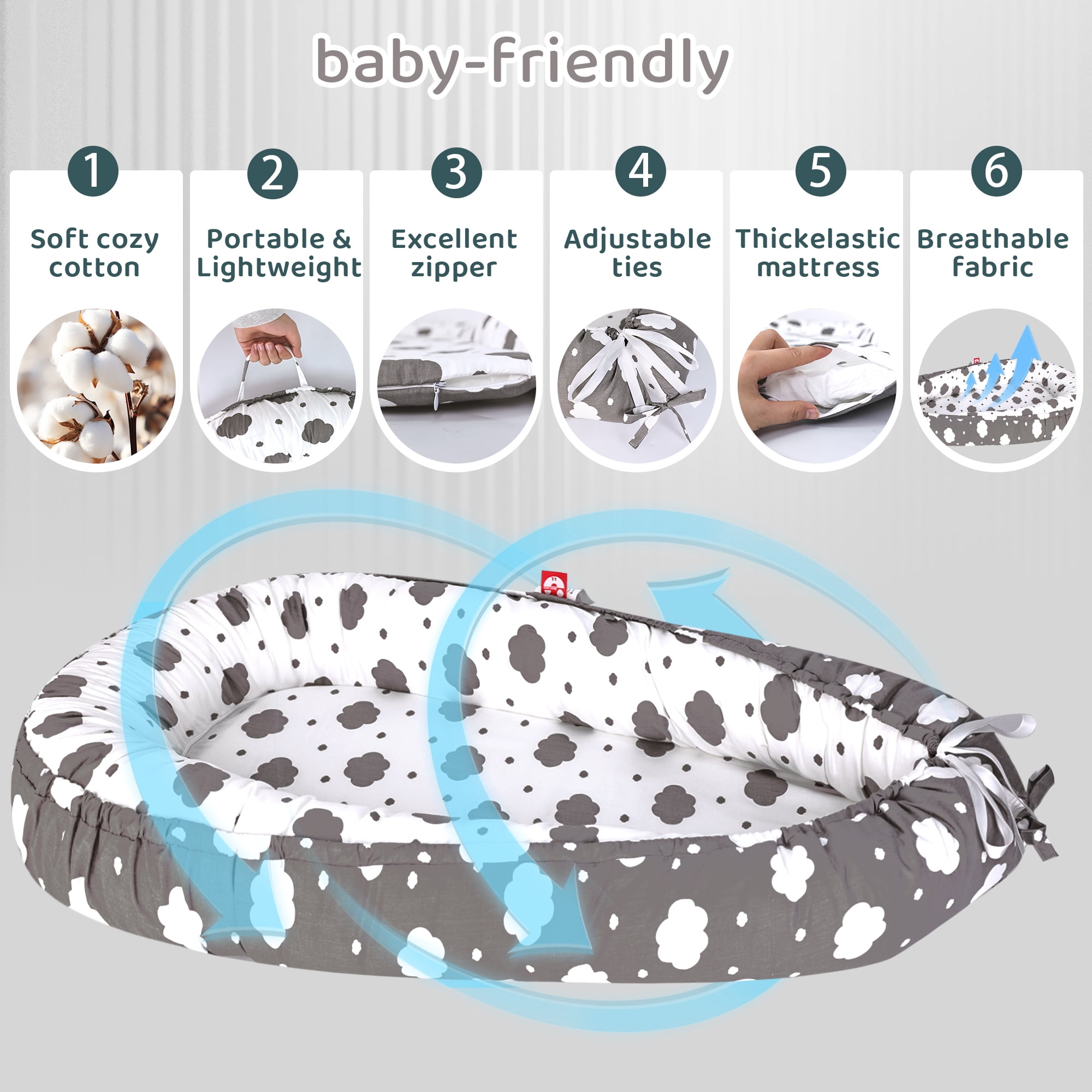 TAYYEE Baby Playmat for 0-24 Months, Portable Infant Lounger with Carry Handle, Gray, 34 x19 Inches