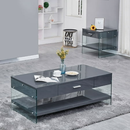 Coffee & End Table Set a Drawer & Glass Legs, High Gloss Finish