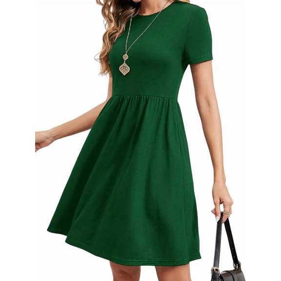 Women'S Short Sleeve Summer Dress Pleated Loose Swing Knee Length Dresses with Pockets Green L