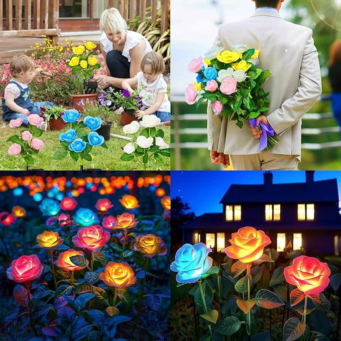 KOMI Solar Garden Lights Outdoor, 4 Pack Solar Lights Outdoor with 20 Rose Flowers, Waterproof 7 Color Changing Solar Powered Flowers Lights for Outside Patio Yard Pathway
