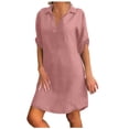 thumbnail image 2 of Puntoco Vestido De Manga Corta Con Cuello En V, Vestido De Mujer De Color Liso Con Cuello En V Y Manga Tres Cuartos Rosa S, 2 of 5