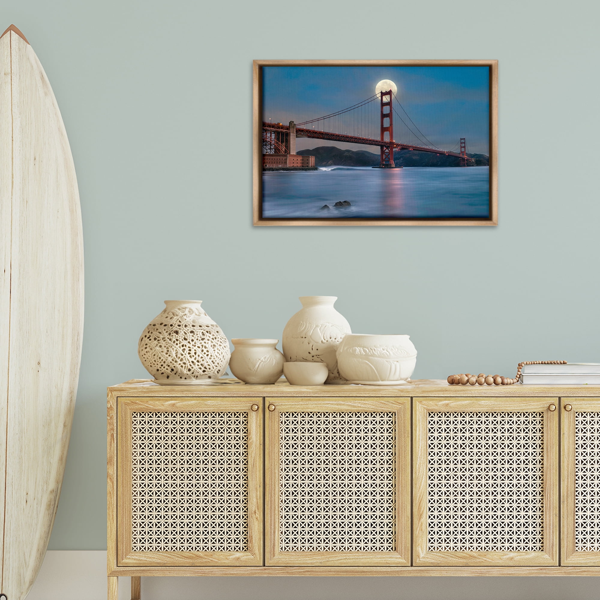 Stupell Industries Moonlit Bridge Landmark Scenic & Cityscapes Painting Brown Floater Framed Canvas Art Print Wall Art, 31 x 21