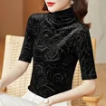 thumbnail image 3 of Top de capa base de terciopelo quemado con cuello alto de malla de otoño para mujer, polo adelgazante/top de cuello alto, 3 of 4
