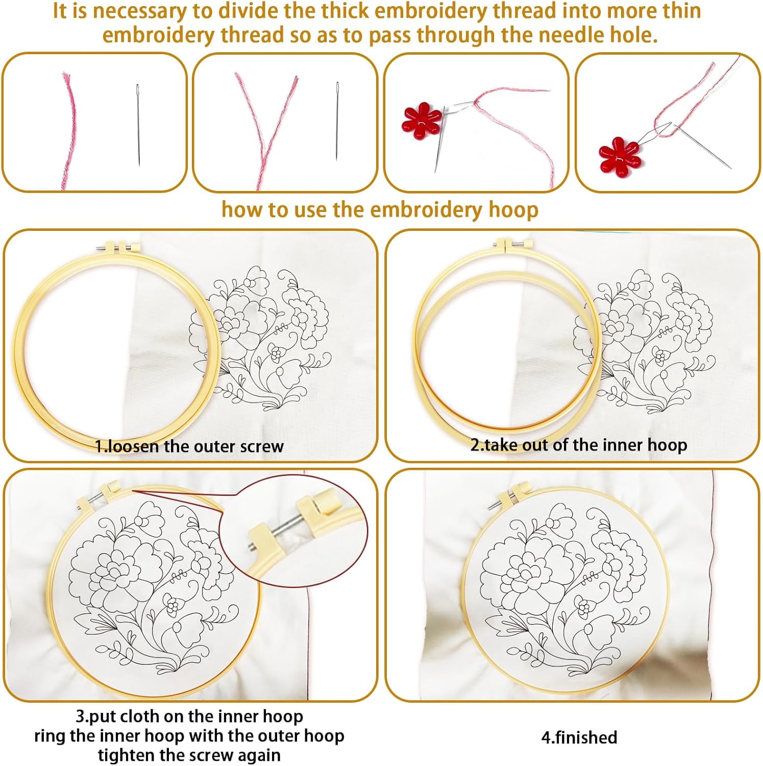 4 Set Embroidery Kit for Beginners, Blue Flower Cross Stitch Kits, Needlepoint Kits for Adults with Instructions and Full Kit, Hand Embroidery Patterns for Cloth and Home Decor