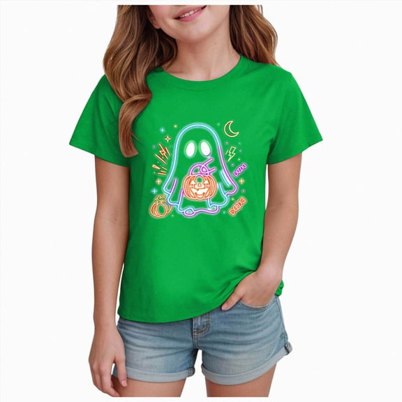 xaweyi Kids Girls Halloween Fashion Tshirt Crew Neck Short Sleeve Ghost Pumpkin Printed Casual Top