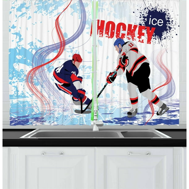 Hockey Curtains 2 Panels Set, Two Ice Hockey Players in Cartoon Style