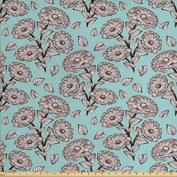 Floral Upholstery Fabric by the Yard, Romantic Garden Art Illustration with Bouquet of Flowers and Leaves, Decorative Fabric for DIY and Home Accents, Pale Blue White by Ambesonne