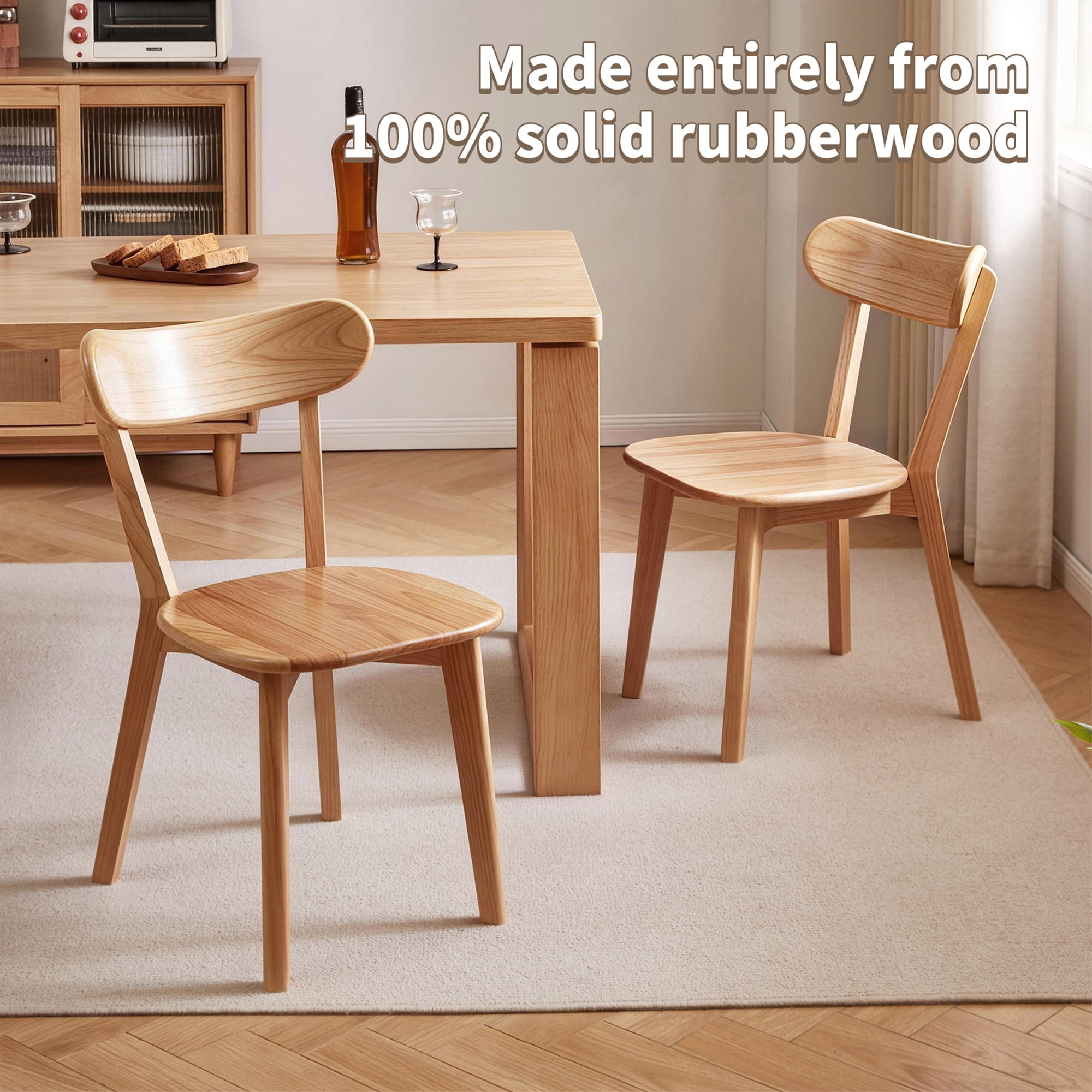 Dining Chairs Set of 2, Solid Rubberwood Kitchen Chairs with Curved Backrest, Wooden Accent Chairs for Vanity and Breakfast Nook, Natural Wood