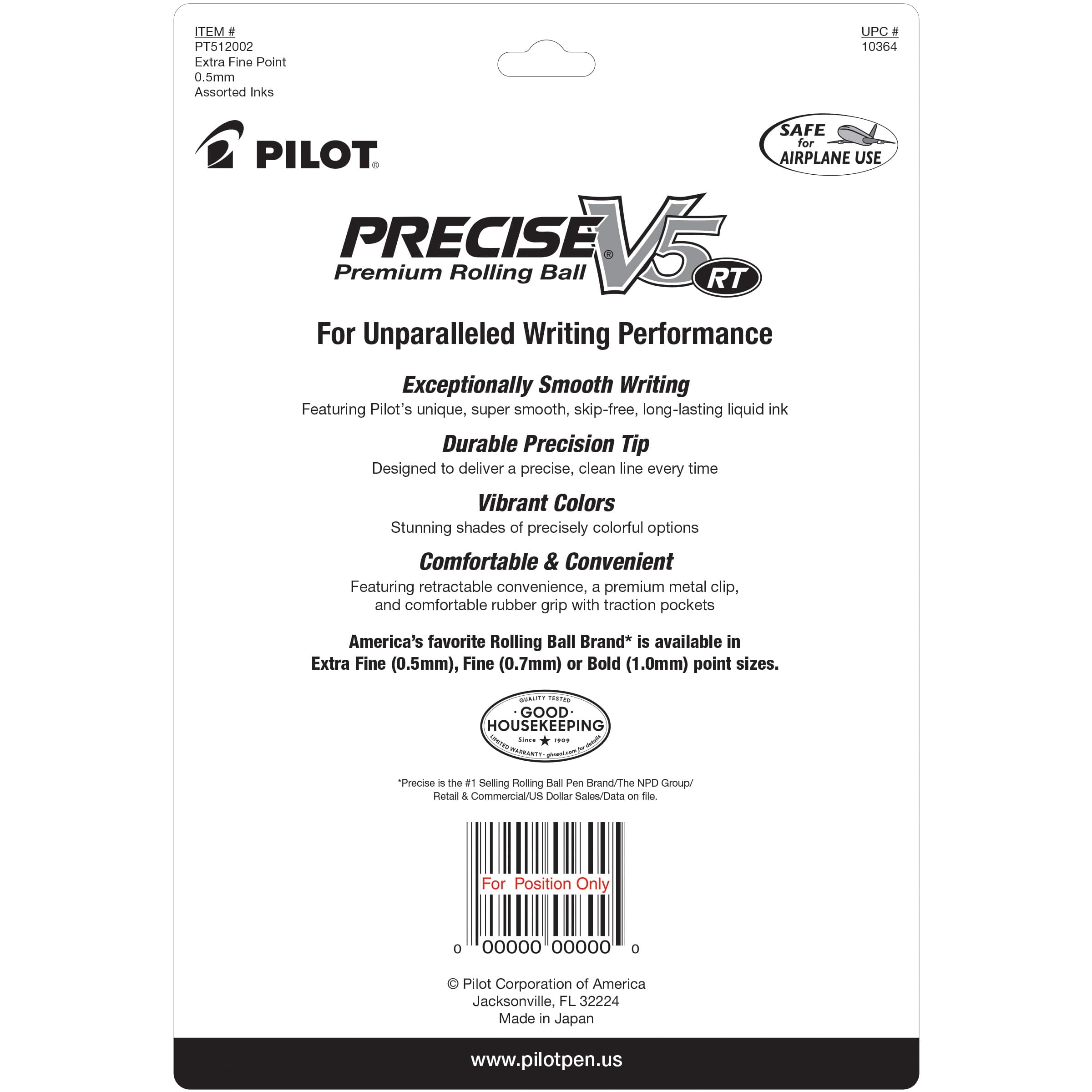 Pilot, Precise V5 RT Refillable & Retractable Rolling Ball Pens, Extra Fine Point 0.5 mm, Assorted Colors, Pack of 12.