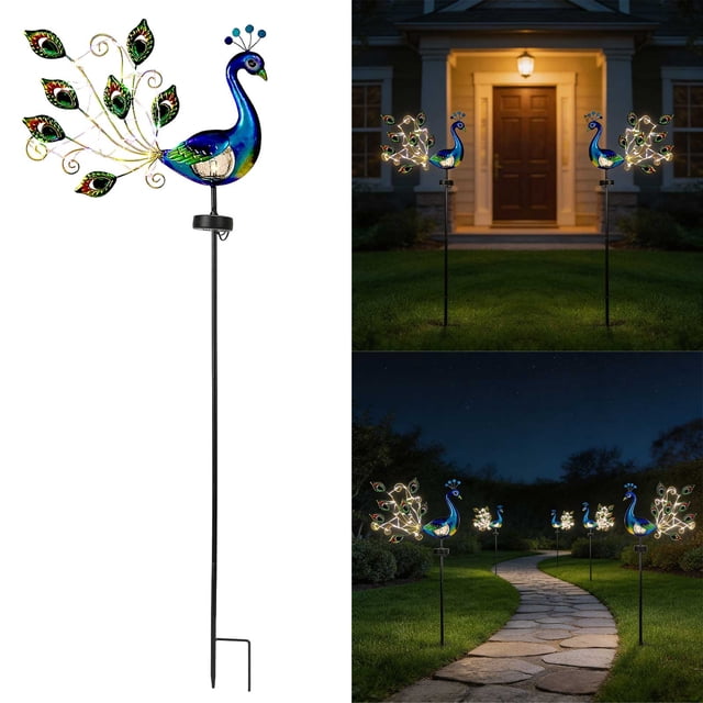 Solar Peacock Garden Stake Light Metal Peacock Decorative Light With Crackle Glass Body 2 Light Modes Waterproof LED Light For Yard Patio