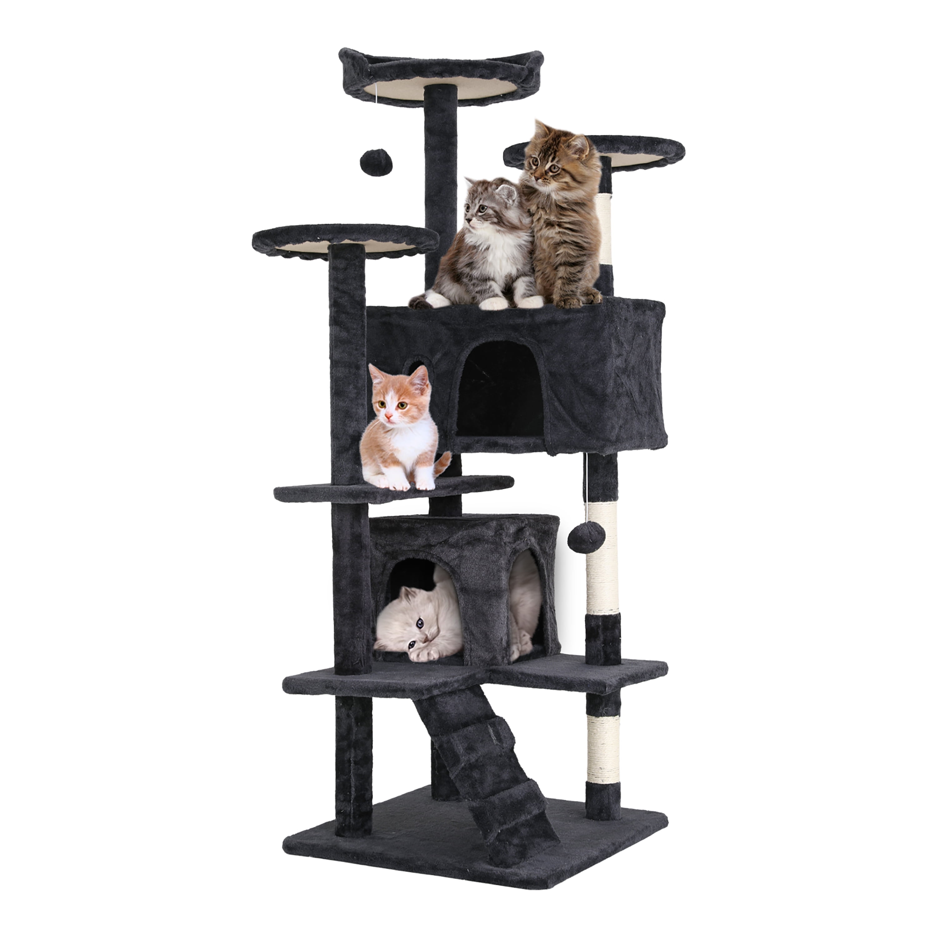Tabby Indoor Upholstered Faux-Fur Wood Dark Gray Cat Condo Tree Tower for Pet Room