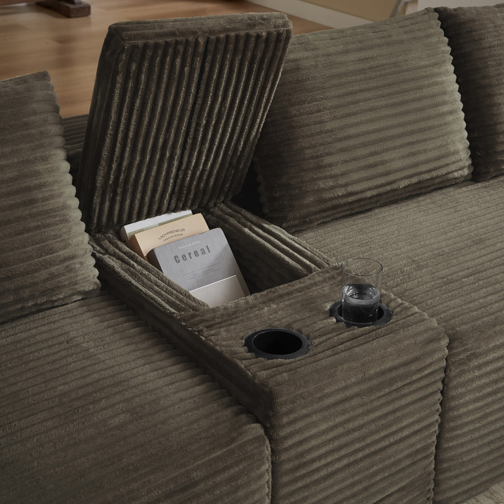 BSHTI 140.6" 5-Seat Corduroy U Shape Sectional Sofa with Cup Holder, Modular Design, No Assembly for Living Room（Brown）