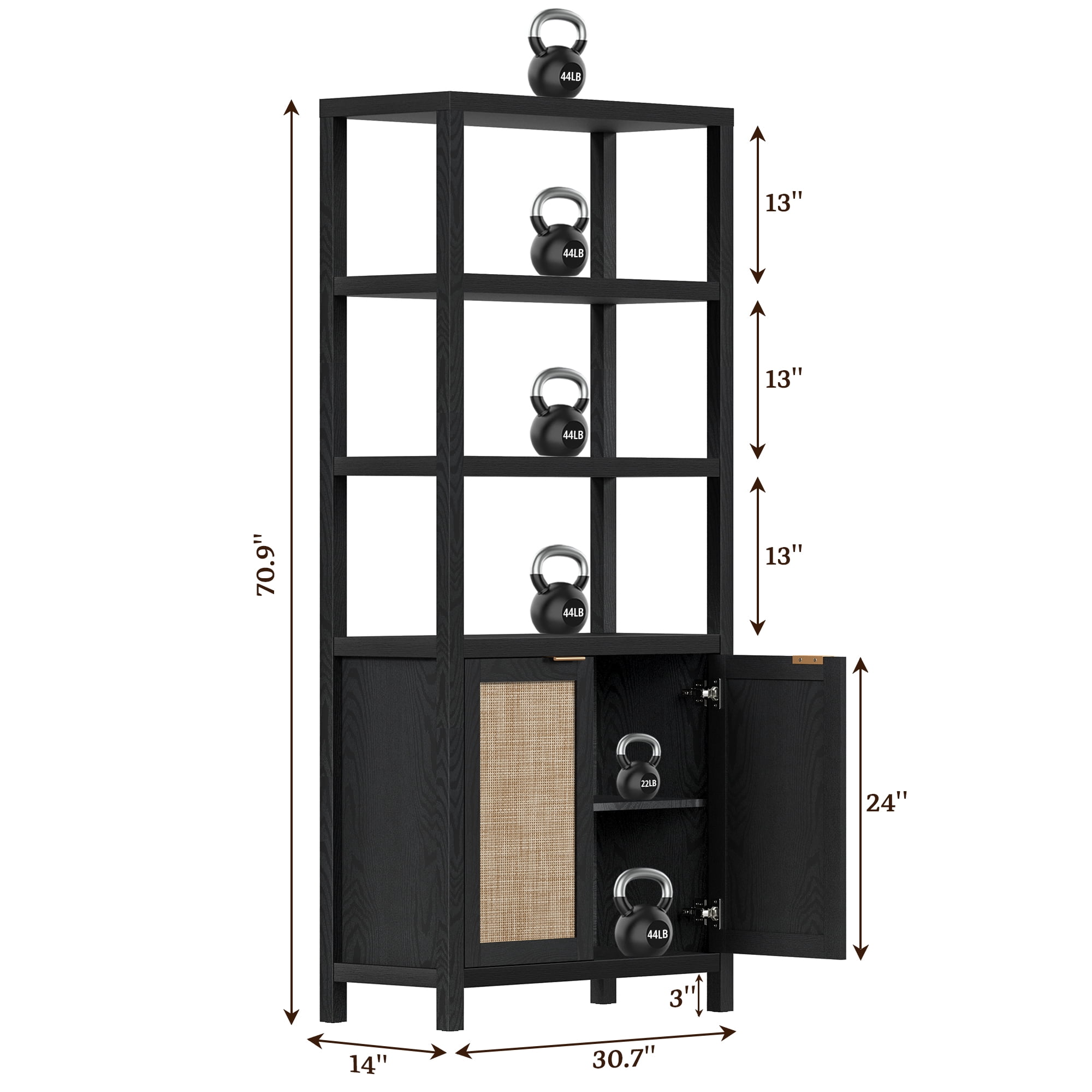 SICOTAS 71" Tall Bookcase with Doors, Boho 5 Tier Rattan Bookshelf Set of 3, Mid-Century Bookcase with Storage Cabinet for Living Room, Bedroom, Library & Home Office in Black Oak
