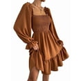 thumbnail image 2 of Women'S Square Neck Lantern Long Sleeve Ruffle Shirred Flowy Party Mini Dress Light Brown M, 2 of 9