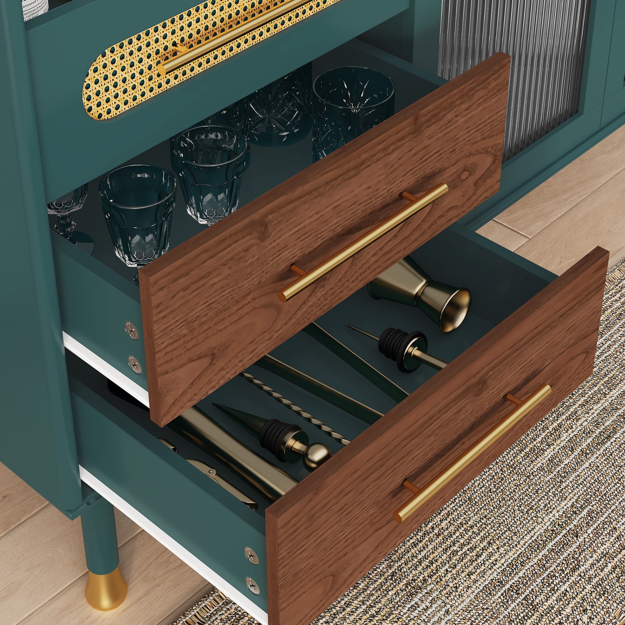 HLR 47.2" Coffee Wine Bar Cabinet with 2 Glass Doors, Modern Buffet Sideboard Table for Dining Room, Green