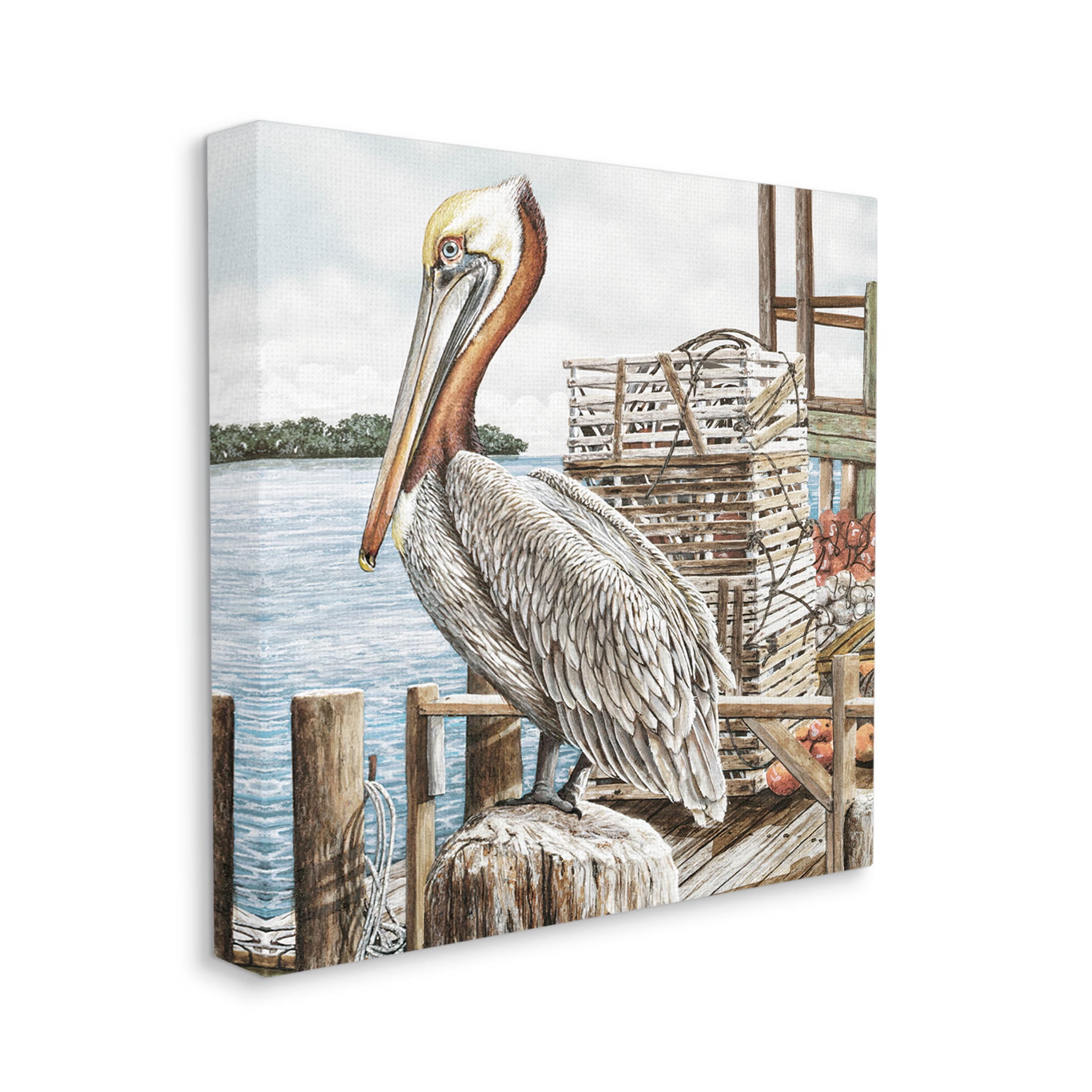 Pelican Perched Summer Fishing Dock Animals & Insects Painting Gallery Wrapped Canvas Print Wall Art