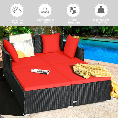 Gymax Rattan Patio Daybed Loveseat Sofa, Gymax Rattan Patio Daybed
