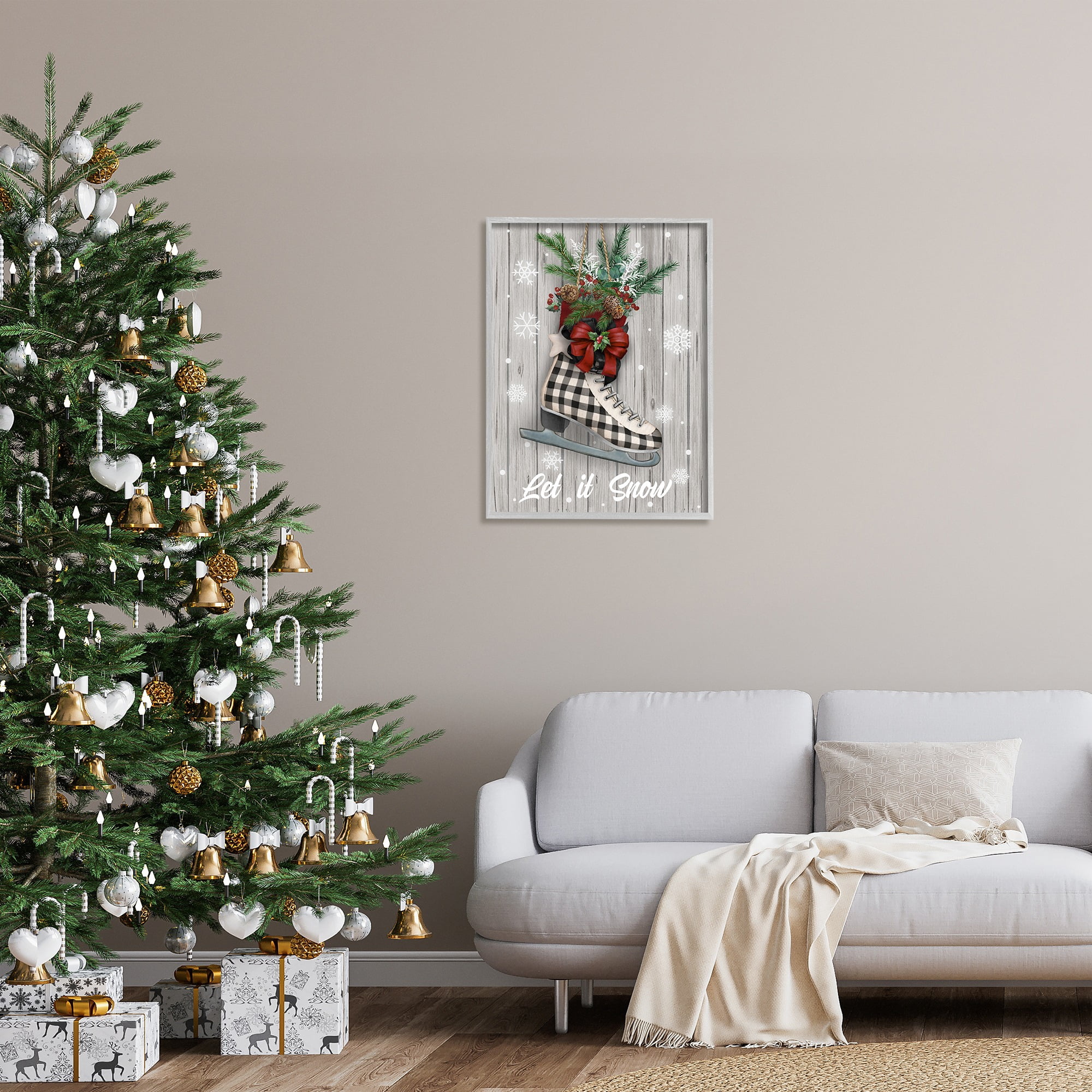 Stupell Industries Let it Snow Ice Skate Holiday Painting Gray Framed Art Print Wall Art, 24 x 30