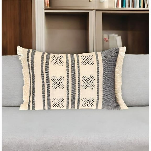 HomeRoots 529258 14 x 20 in. Beige & Black Southwestern Cotton Throw Pillow with Fringe