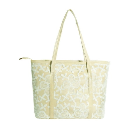 Beaded Flower Tote - Unique Bargains Women's Zipper Closure Flower Embroidery Panel Interior Pockets Totes