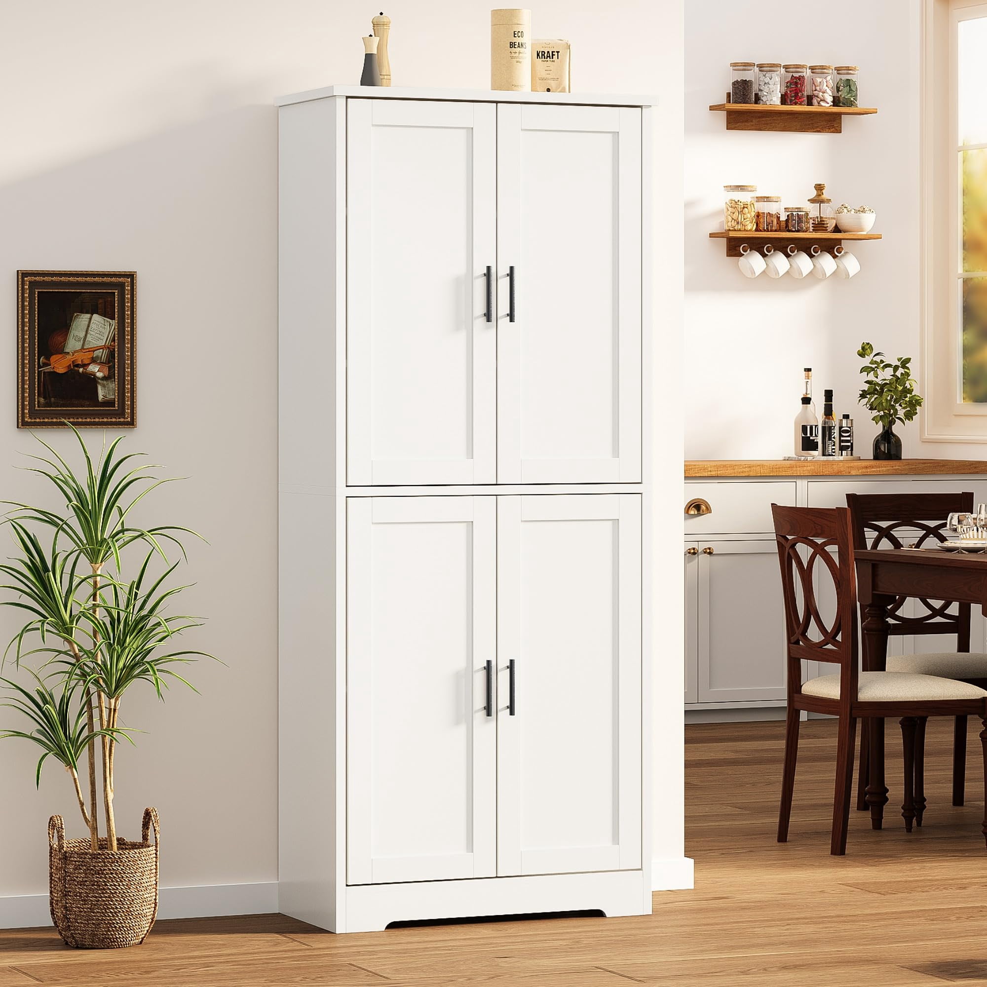 BouPower Pantry Cabinet,70" Tall Kitchen Pantry Cabinet with 2 Doors and 3 Adjustable Shelves, Freestanding Cupboard, Modern Tall Storage Cabinet for Bathroom, Dining Room, Living Room