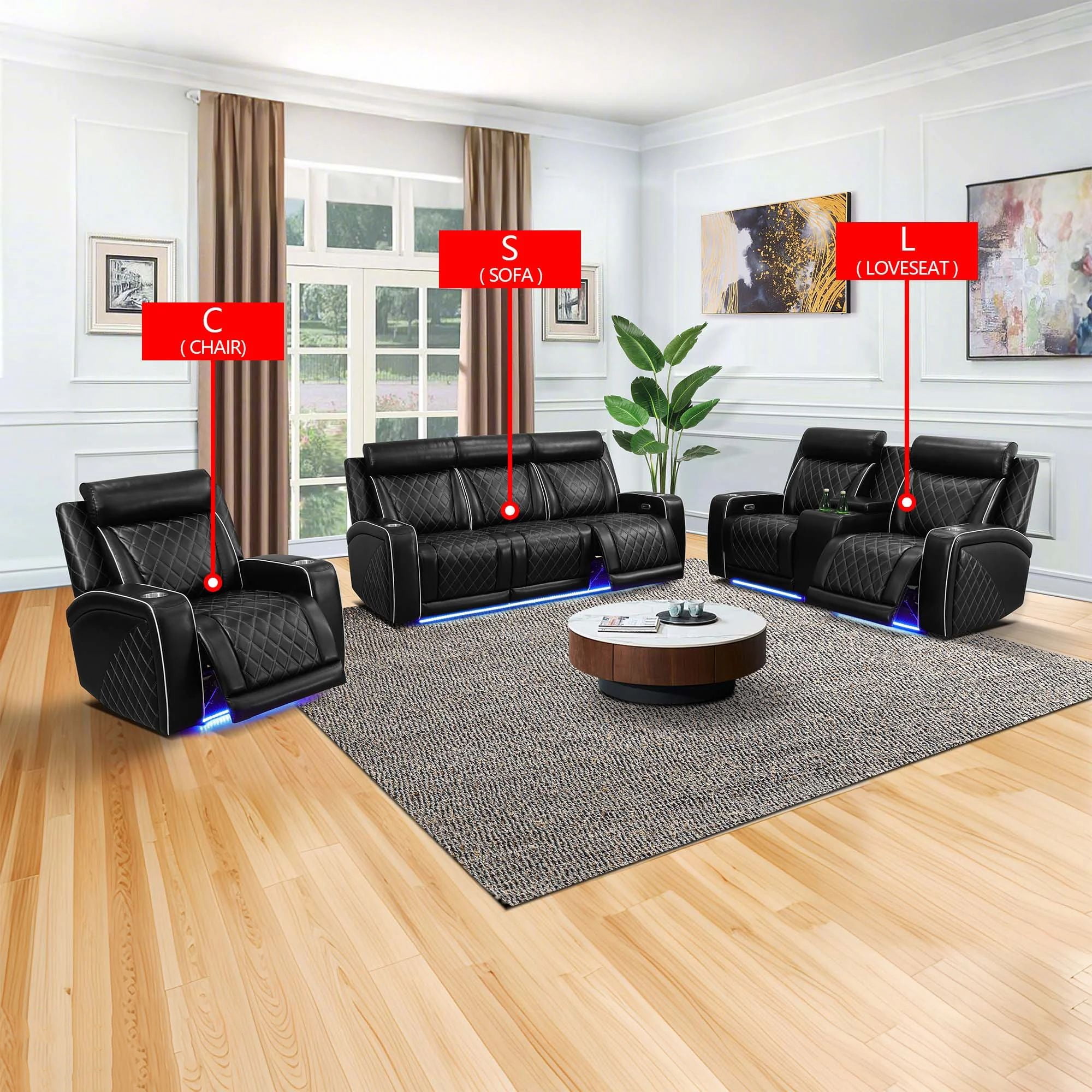 Gewnee Power Recliner Oversized Electric Air Leather Reclining 3-Seats Sofa, USB Charge with Cup Holder Port Comfortable Sofa for Living Room