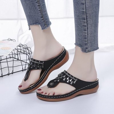 Sandalias y pantuflas de playa con chanclas de diamantes de imitación multicolor con tacón de cuña para mujer Wmkox8yii hj789