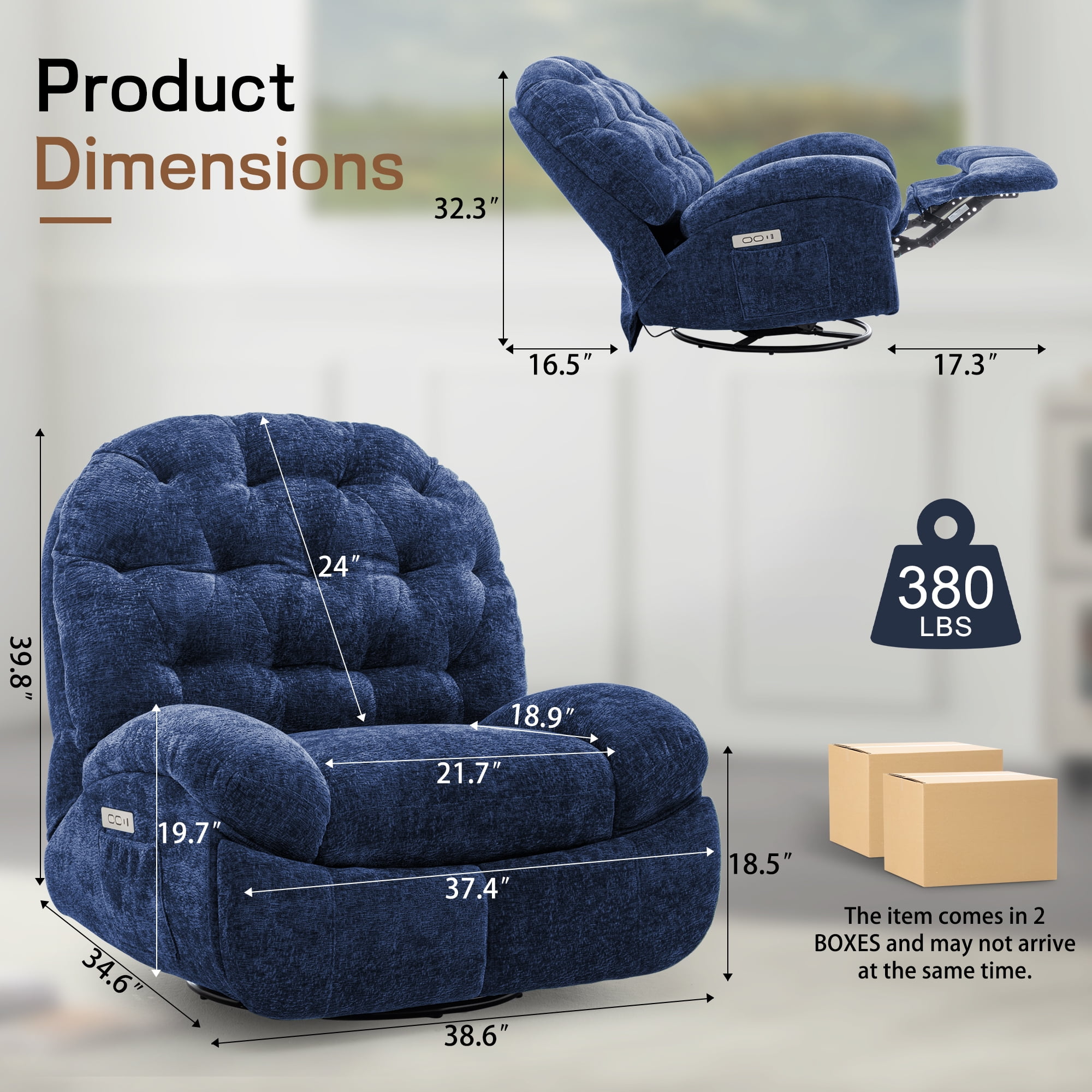 Korser Power Swivel Rocker Recliner Chair with USB Ports Chenille for Living Room,Blue