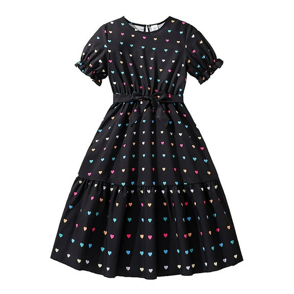 TAIAOJING Toddler Girls Summer Dress Trendy Short Sleeve Heart Print Dress With Flared Skirt Breathable Blend Casual & Party Outfits Sets For Tweens Relaxed Fit 7-8Y
