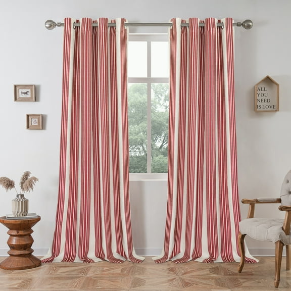 DriftAway Chris Vertical Striped Pattern Linen Blend Lined Thermal Insulated Blackout and Room Darkening Grommet Linen Curtains for Farmhouse Printed 2 Panels 52 Inch by 84 Red Red