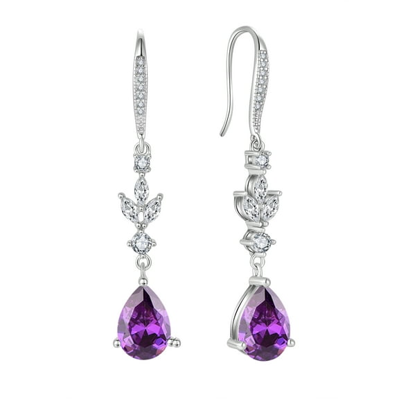 PYNZY Wedding Teardrop Dangle Earrings with 7x10MM Created Amethyst Birthstones, 925 Sterling Silver Hook Earrings for Women Christmas Jewelry Gifts