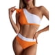 thumbnail image 1 of Mujeres un hombro bikini color bloqueo estiramiento ajuste apretado cintura alta bikini conjunto para natación fiesta naranja y blanco M, 1 of 7