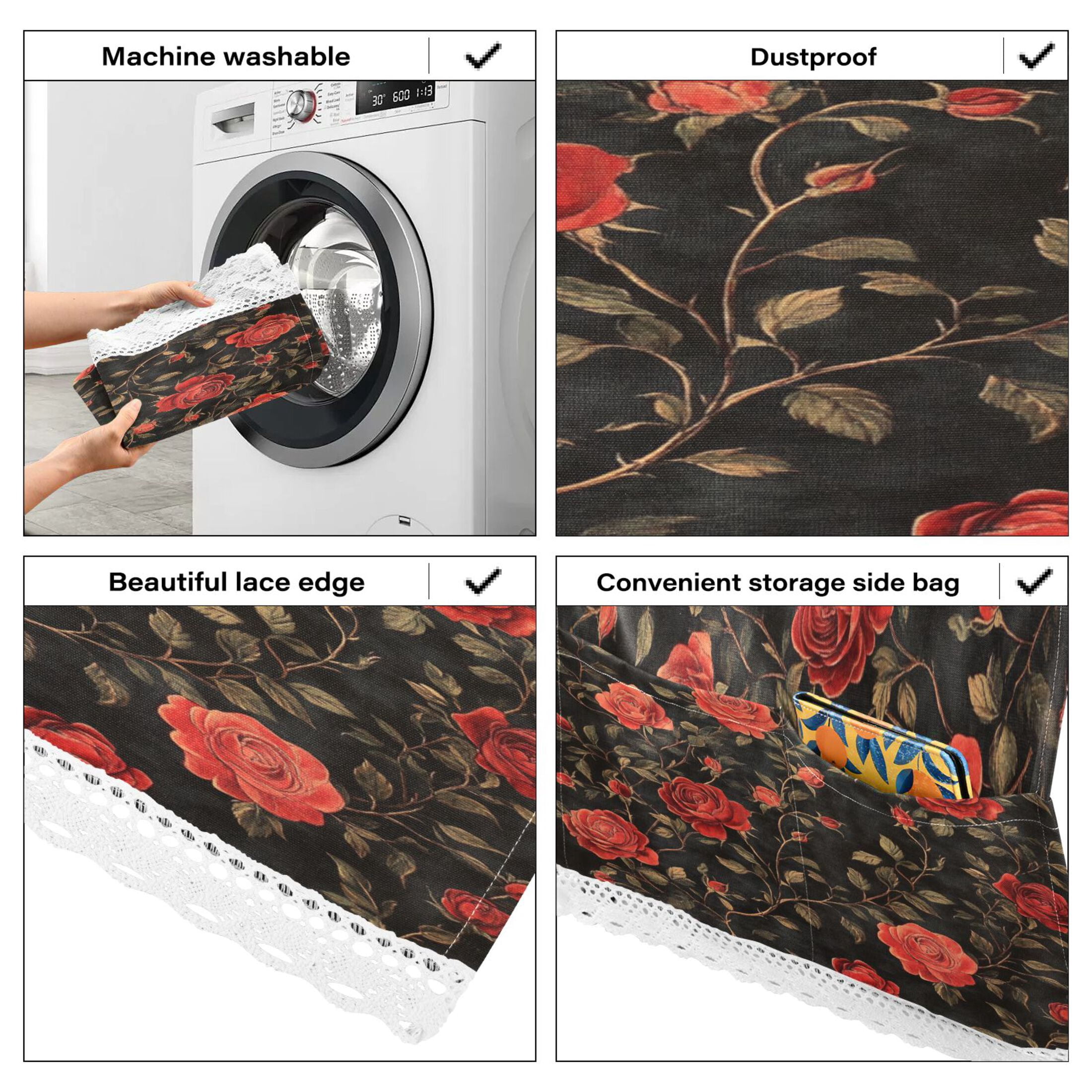 Red RoseWasher and Dryer Covers Dust-Proof and Oil Resistant Fridge Cover with 4 Storage Pockets Washing Machine Top Cover for Laundry Kitchen Home 51.2 x 22 In