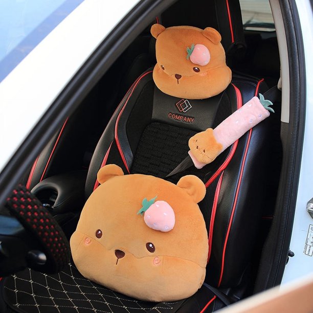 Lindo reposacabezas de coche de dibujos animados, accesorio de peluche para coche, protección para el cuello, almohada para la cintura, linda funda para cinturón de seguridad, almohada para coche