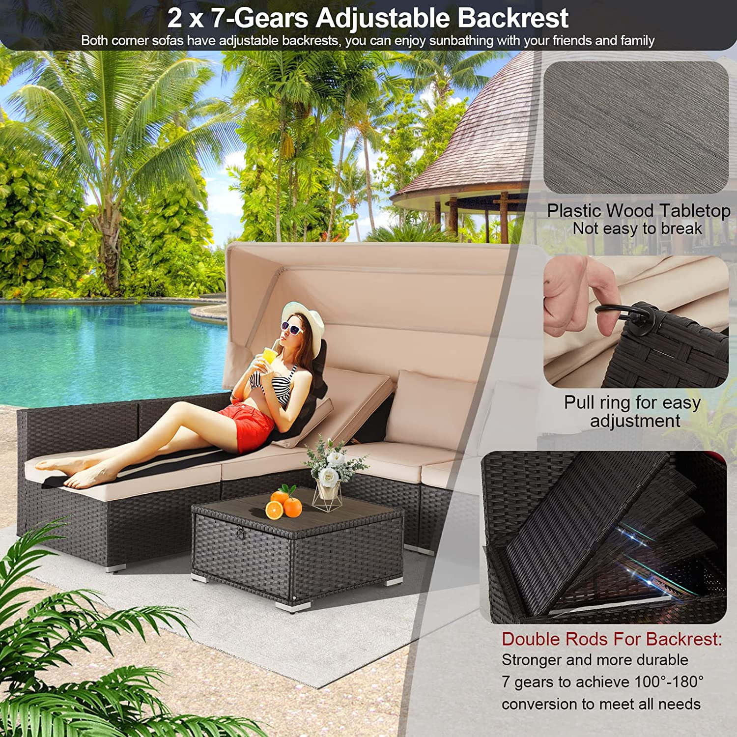 Vicluke 6 Pieces Patio Furniture Sets Outdoor Rattan Daybed, Rectangle Sunbed for Backyard (Khaki)