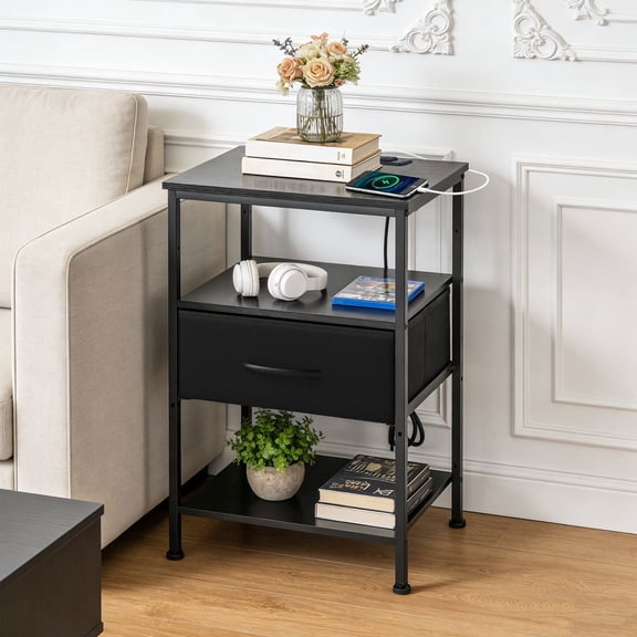 Resenkos Modern Bedside Table with Built-in Charging Station, USB Type-C Ports, Adjustable Drawers and 3-Tier Storage Rack for Bedroom, Black