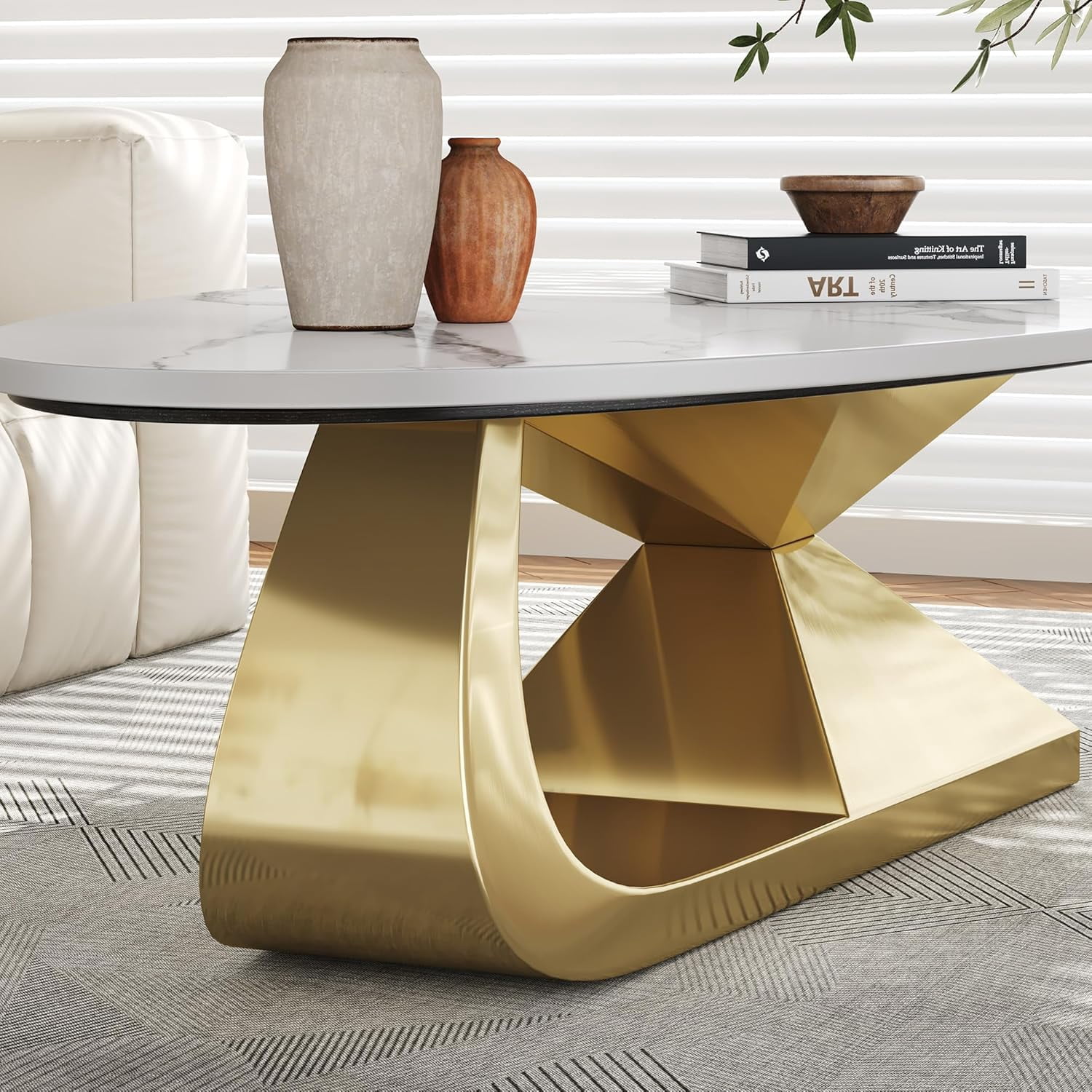 Tabaray Modern Oval Coffee Table Luxury Sintered Stone Top Coffee Table with Sculptural Geometric Stainless Steel Base,Mid-Century Marble Grain Center Table for Living Room,Gold