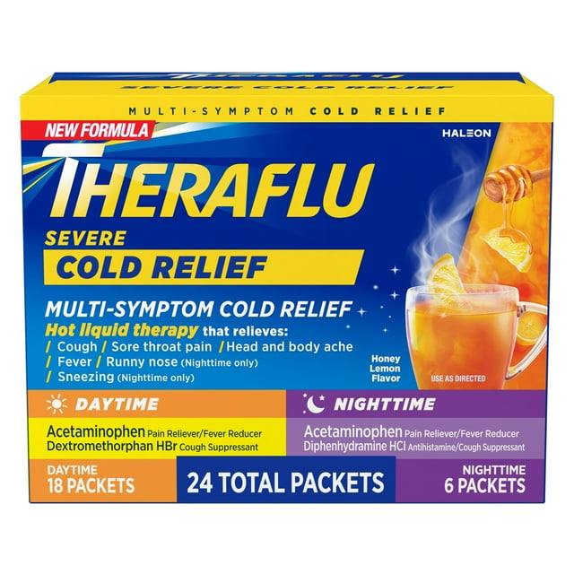 Theraflu MultiSymptom Severe Cold Relief Medicine/Nighttime Severe Cold and Cough Relief Medicine Powder, 24 ct.