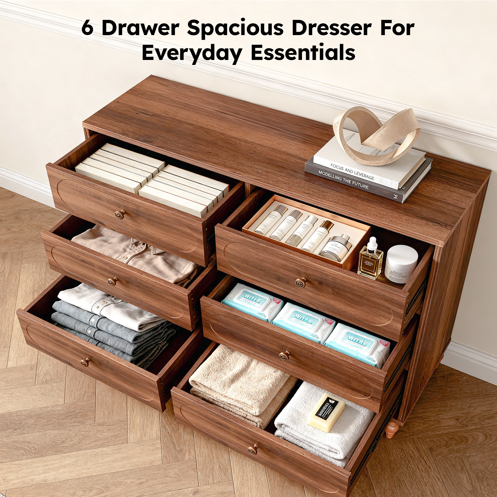 BERRY NEST 6 Drawer Dresser for Bedroom, 47" Wide Mid-Century Chest of Drawers with Solid Wood Legs, Dark Walnut Wood Dresser with 6 Storage Drawers for Bedroom, Living Room, TV Stand