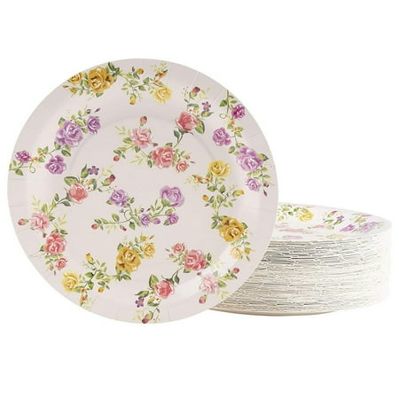 80 Count Floral Party Paper Plates 9 Vintage Rose Flowers Print