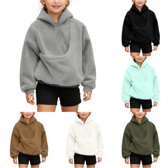 HCYSFG Girls Solid Color Hoodies Long Sleeve Hooded Ribbed Cuffs Kangaroo Pocket Drawstring Relaxed Fit Pullovers Everyday Sweatshirts