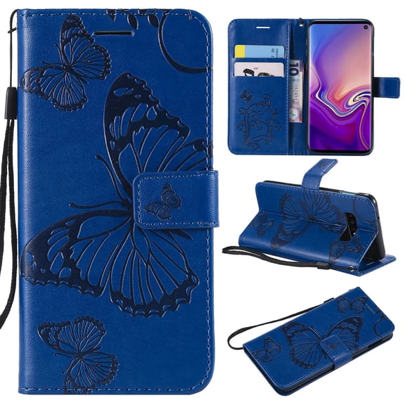 S10e Case, Samsung Galaxy S10e Case - Allytech Premium Wallet PU Leather with Fashion Embossed Floral Butterfly Magnetic Clasp Card Holders Flip Cover with Hand Strap, Blue