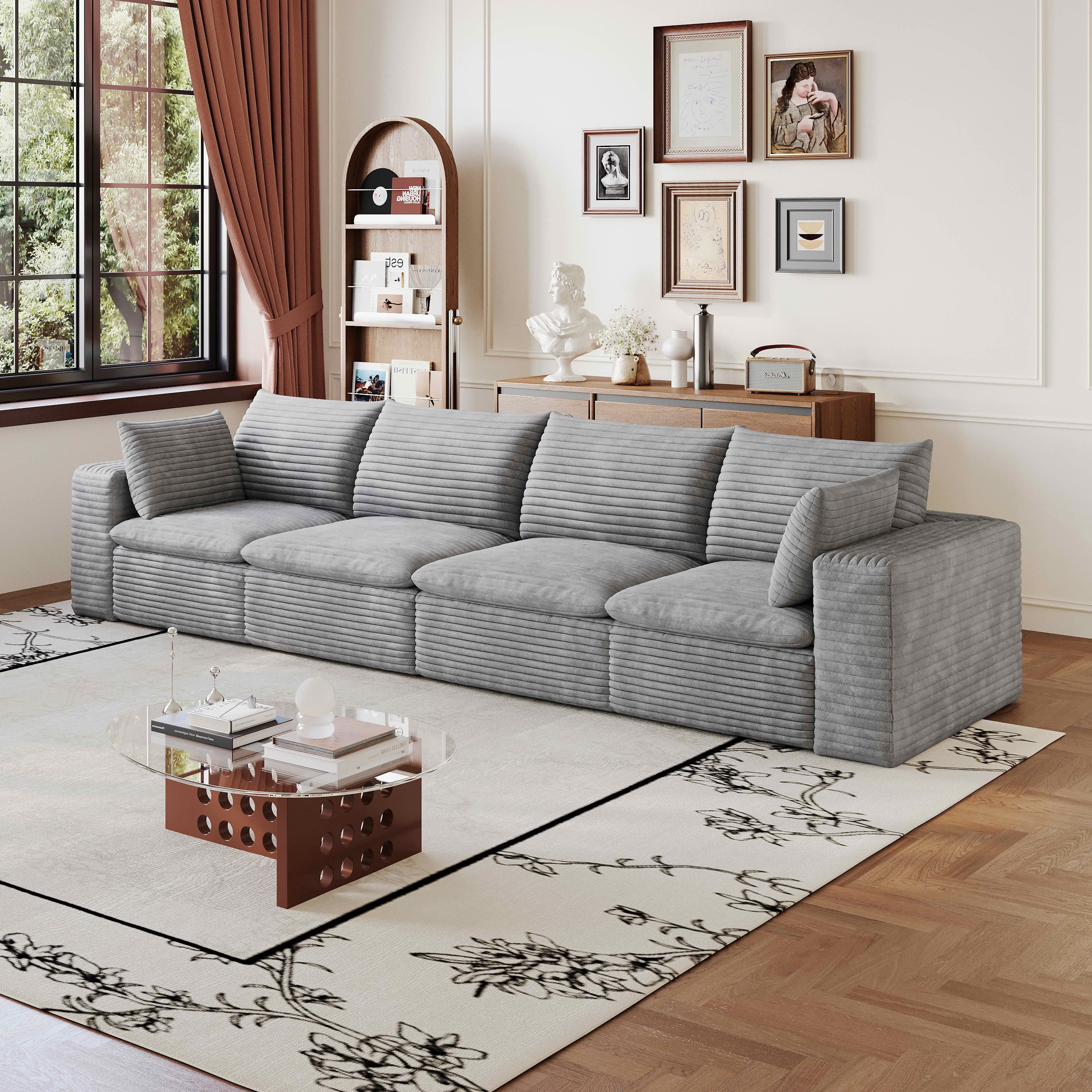 MAYEERTY 134 Inch Cloud Modular Sofa, Corduroy Deep‑Seat Couch with Double‑Layer Removable Cushions, No‑Assembly DIY Combination Sponge Sofa for Living Room Bedroom Conference Room Apartment