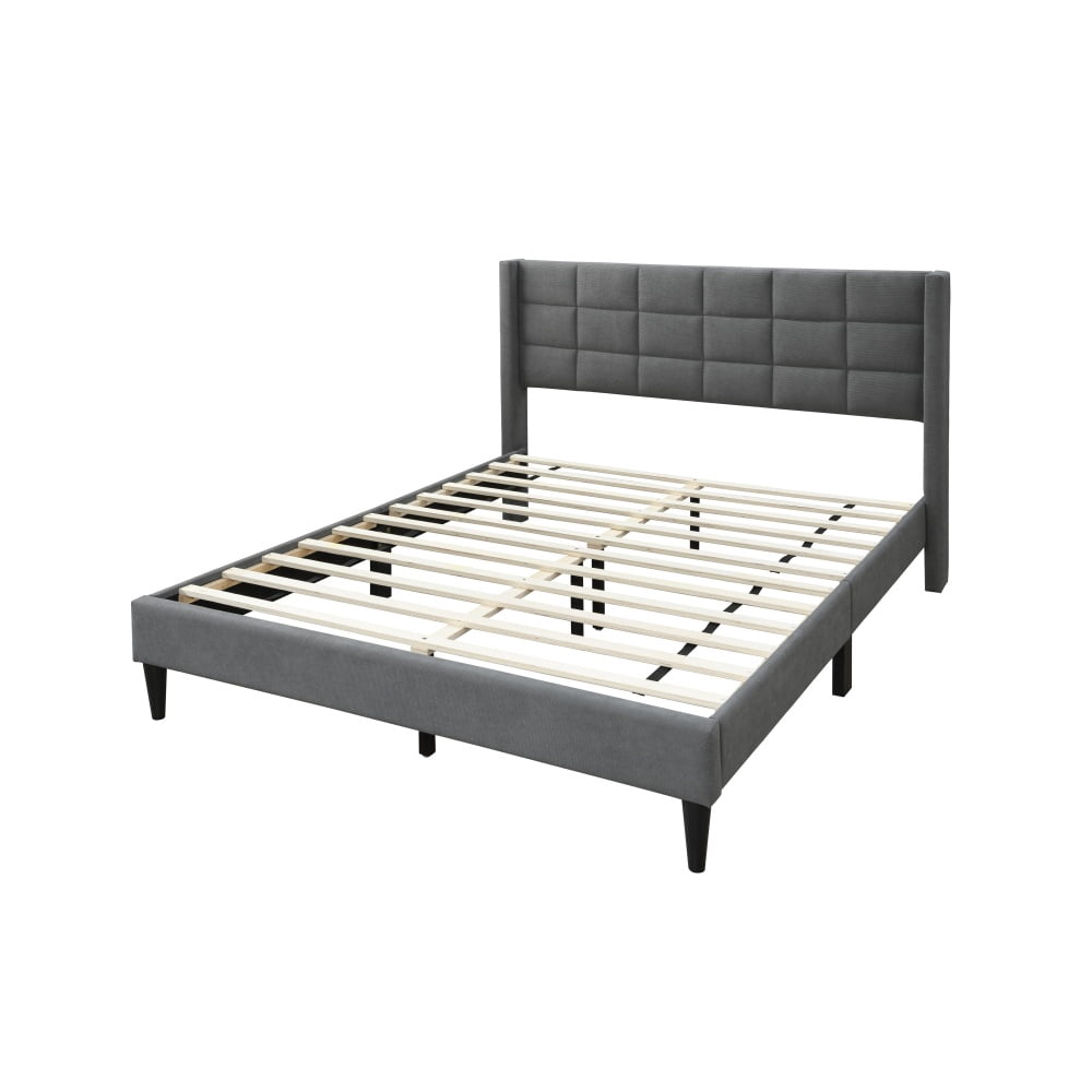 Tcbosik Upholstered Platform Bed Queen Size, Bed Frame with Button Tufted Button Wingback Headboard, No Box Spring Needed, Gray