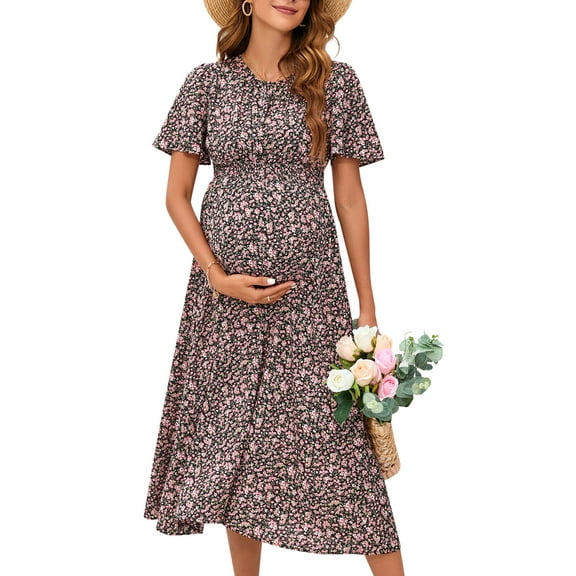 Yesfashion 2025 Maternity Dress Summer Women Smocked Crew Neck Puff Sleeve Pregnancy Baby Shower Photoshoot Dress