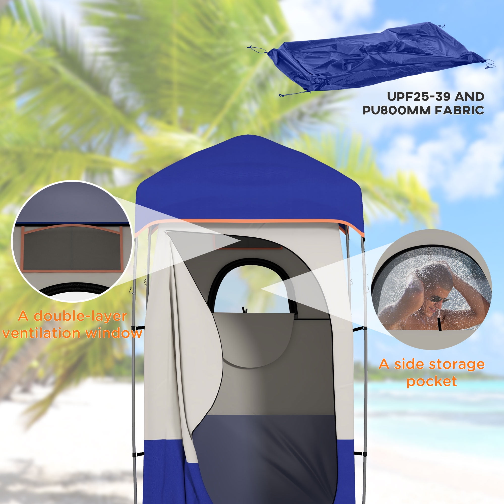 Outsunny Camping Shower Tent with Solar Shower Bag and Carrying Bag, Blue