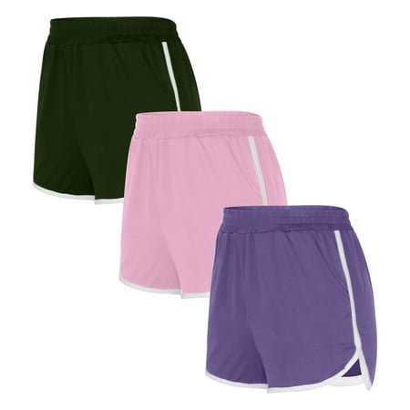 WIZUTIZ Hiking Shorts Women Lightweight Leisure Skinny Athletic Dolphin Shorts Pack of 3 Spandex Elastic Mid Rise Split with Pockets Swimwear Floral Print Swimsuit Swimming Pool Multi-Color