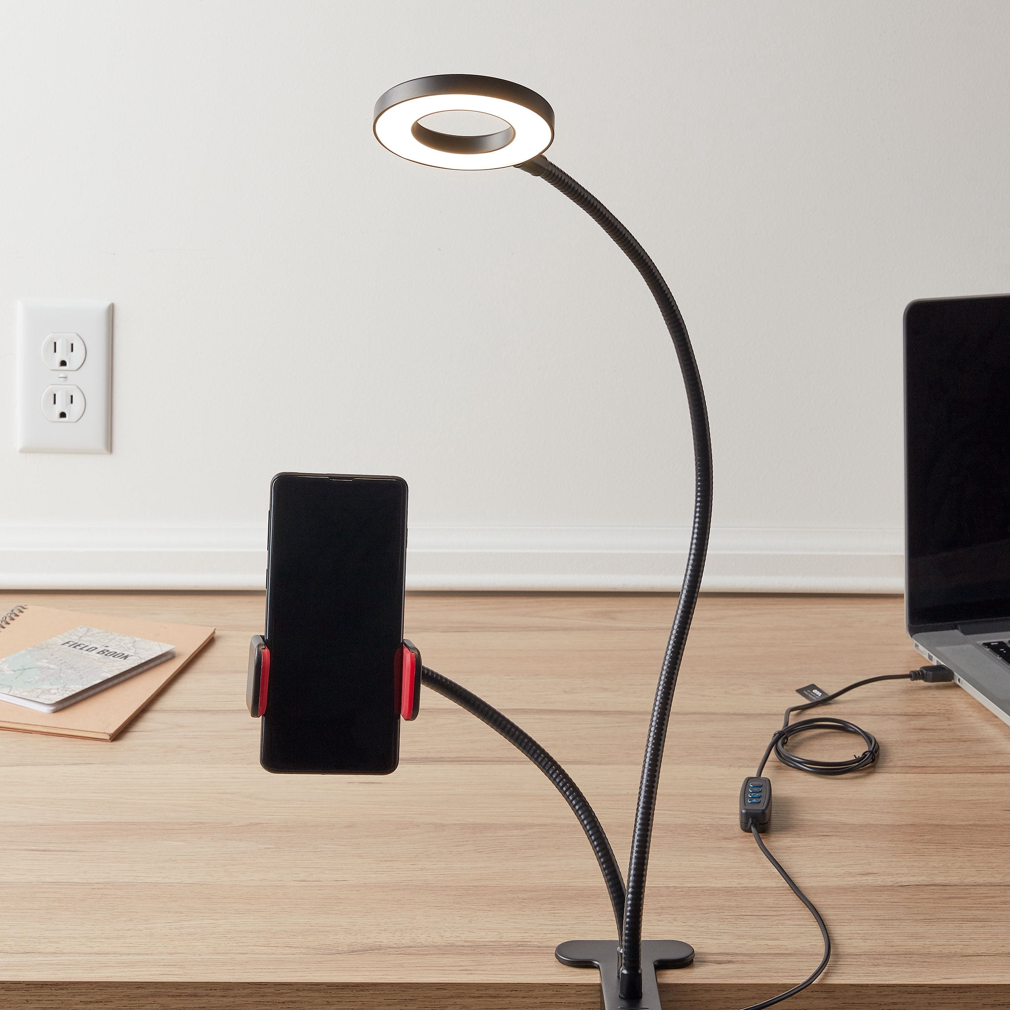 onn. Selfie Lamp with Adjustable Smartphone Holder, Black, 21"