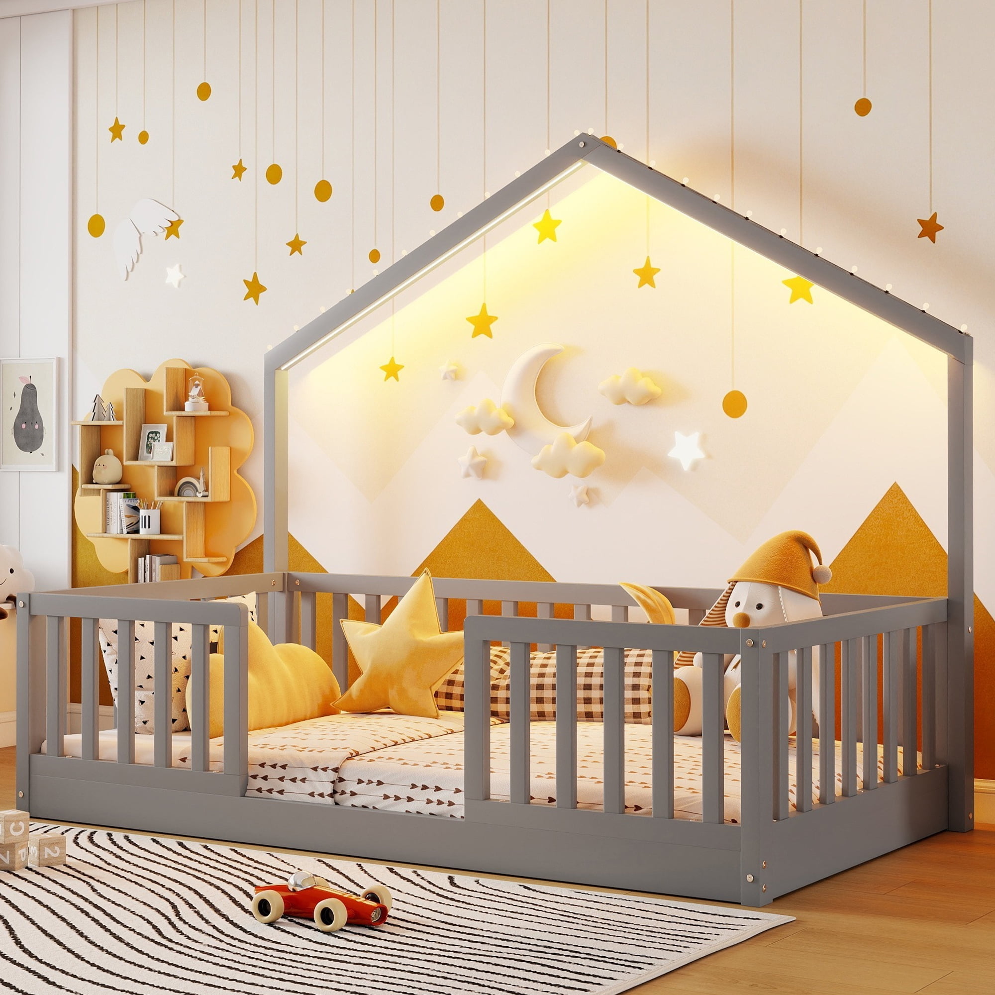 Twin Floor Bed with High Rails, Wooden Montessori Bed Frame with Single Color Light and House Shape Design, Low Profile Beds for Kids, twin bed frames Gray