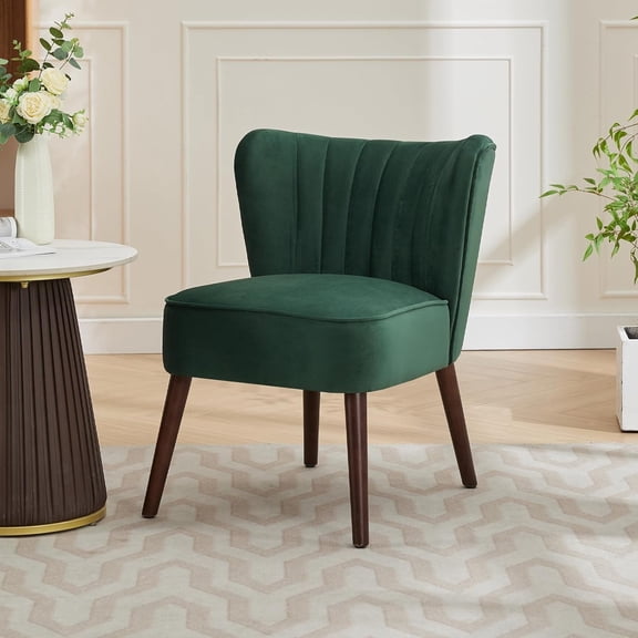 Modern Velvet Accent Chair, Soft Upholstered Living Room Chair with Wooden Legs, Comfy Armless Lounge Chair for Living Room/Makeup/Office/Bedroom, Green